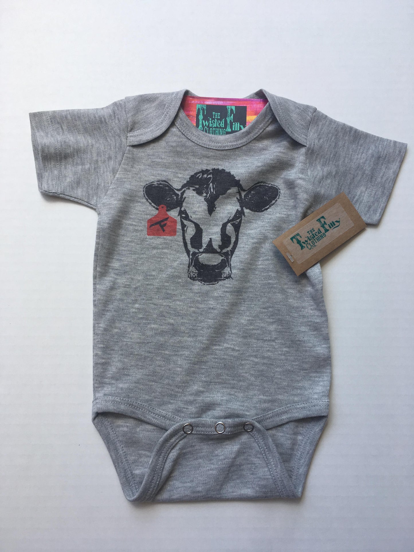 THE TWISTED FILLY CLOTHING CO. Calf W/ Ear Tag - S/S Infant One Piece - Grey