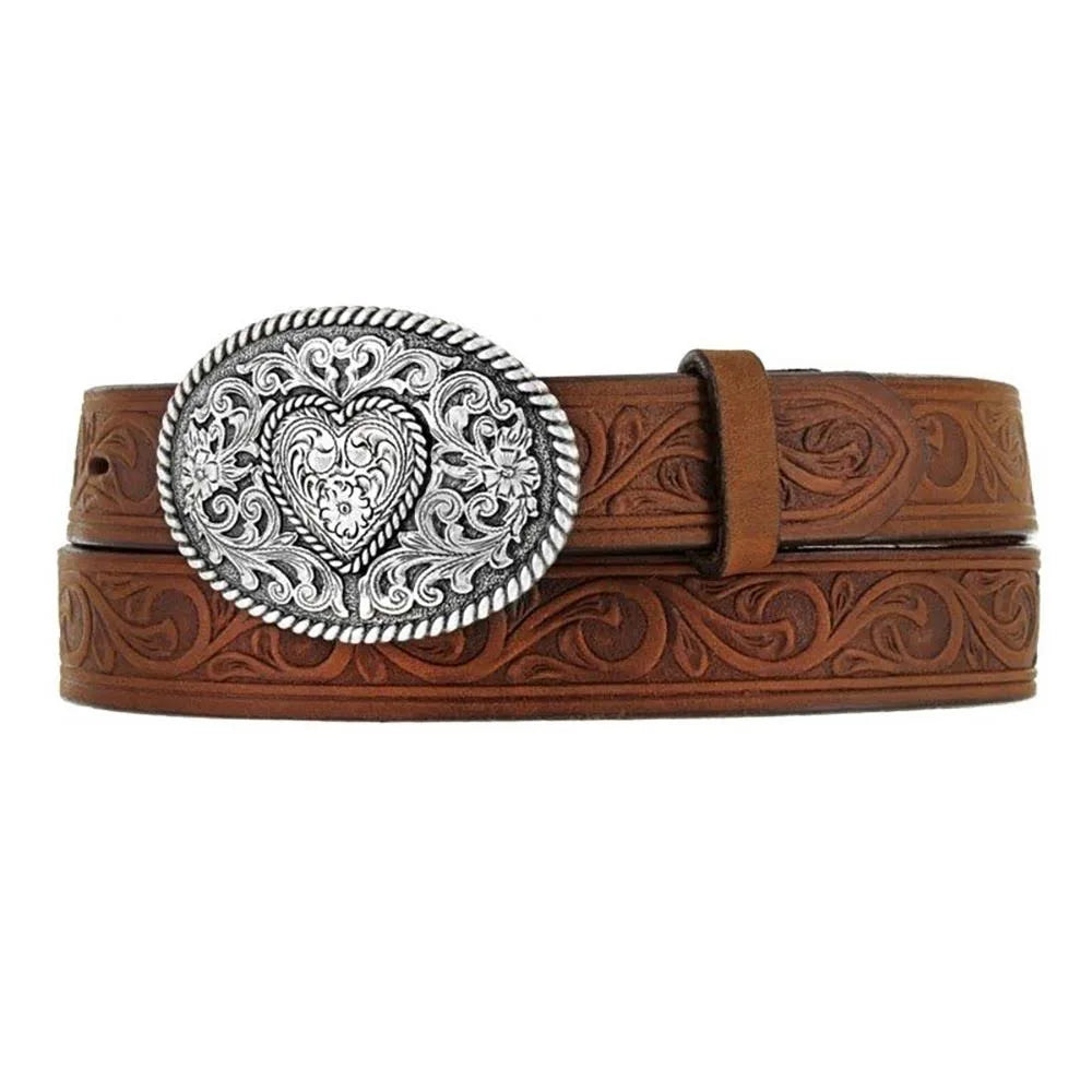 Justin Trophy Brown Leather Girl's Belt with Heart Buckle 815BD