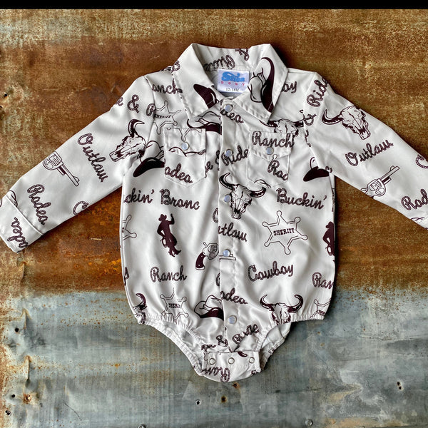 BOYS LONG SLEEVE COWBOY PRINT PEARL SNAP- ONESIE