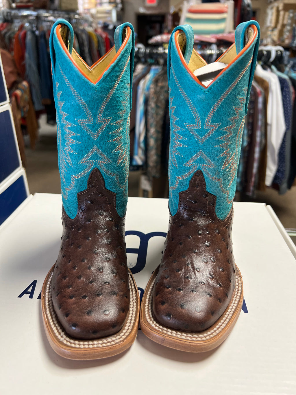 Anderson Bean Turquoise & Chocolate Ostrich Print Kids Boots (7083)