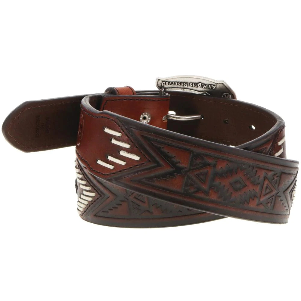 Hooey CHOCTAW" ROUGHY TOOLED/ LACED BELT BROWN/IVORY/BLACK W/AZTEC