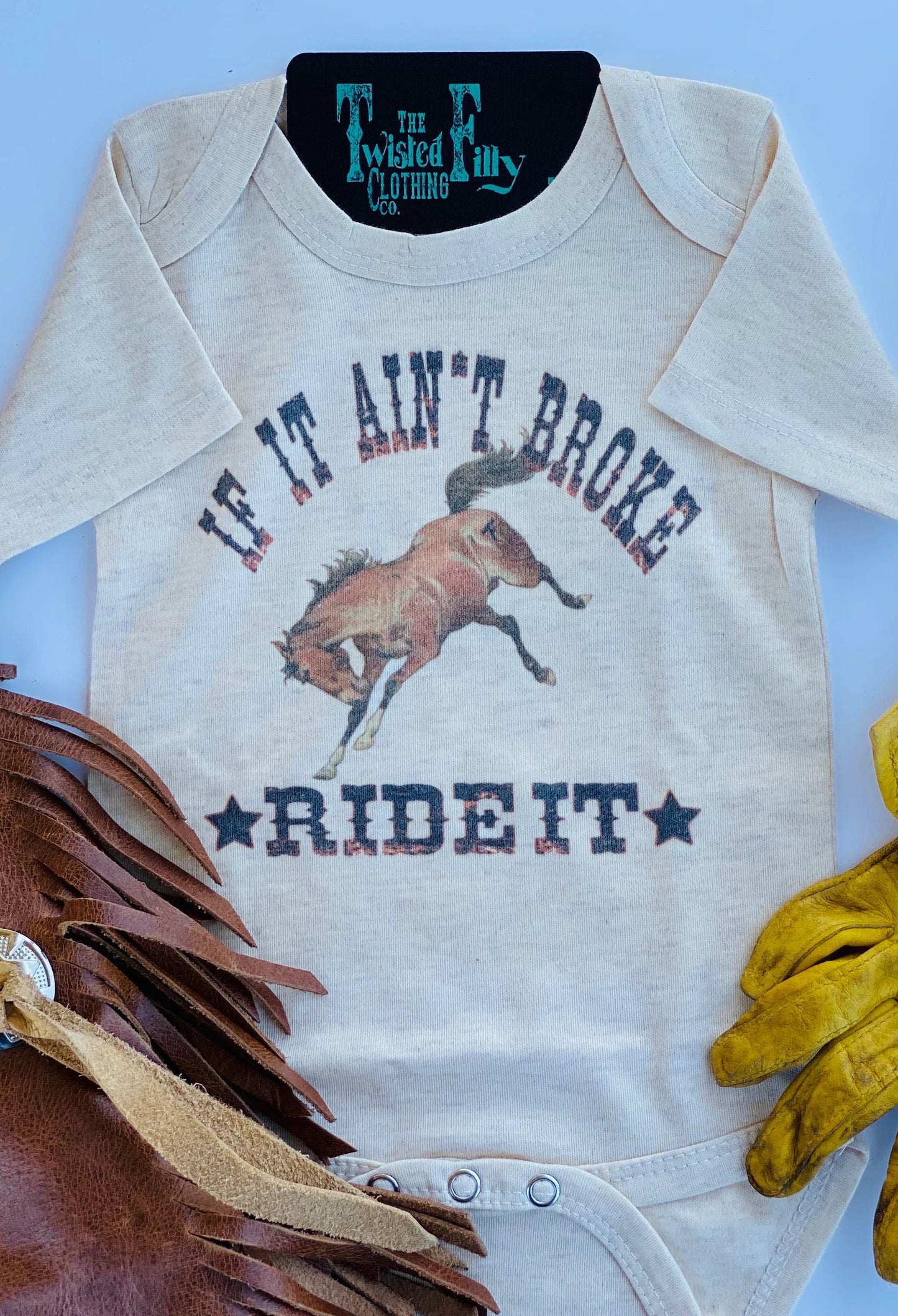 THE TWISTED FILLY CLOTHING CO. If It Ain't Broke Ride It - S/S Infant One Piece - Oatmeal