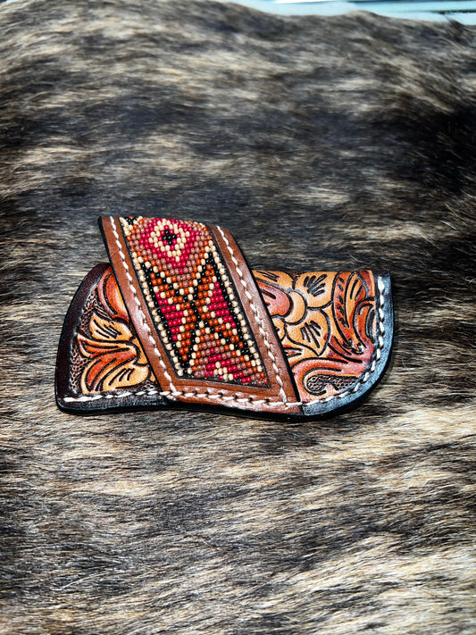 Ranger Belt Tooled Leather & Beaded Knife Sheath