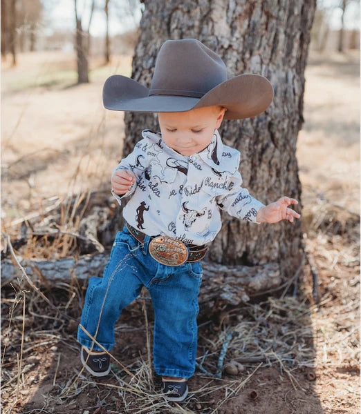 BOYS LONG SLEEVE COWBOY PRINT PEARL SNAP- ONESIE