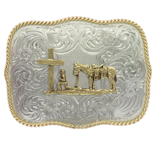 German Silver Christian Cowboy Western Belt Buckle