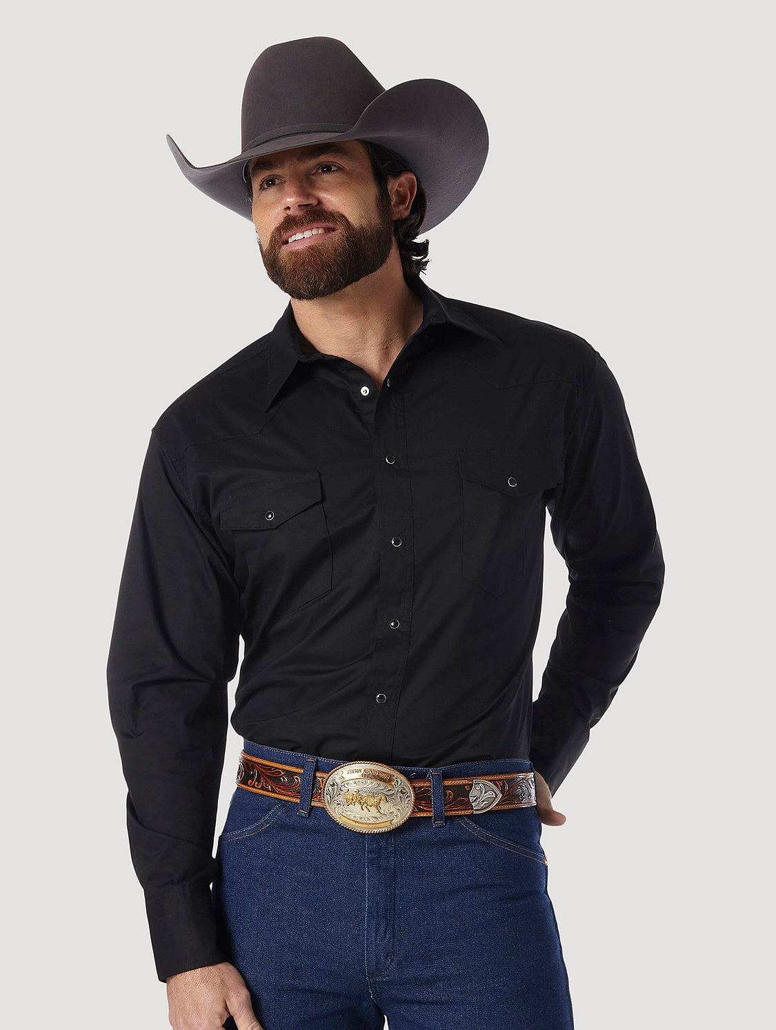 WRANGLER® WESTERN SNAP SHIRT - LONG SLEEVE SOLID BROADCLOTH IN BLACK