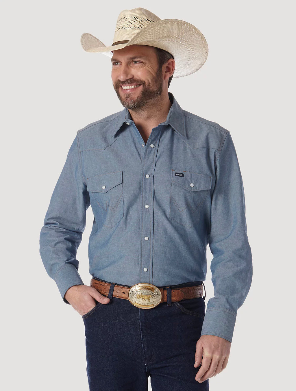 WRANGLER COWBOY CUT® FIRM FINISH LONG SLEEVE WESTERN SNAP SOLID WORK SHIRT IN CHAMBRAY BLUE