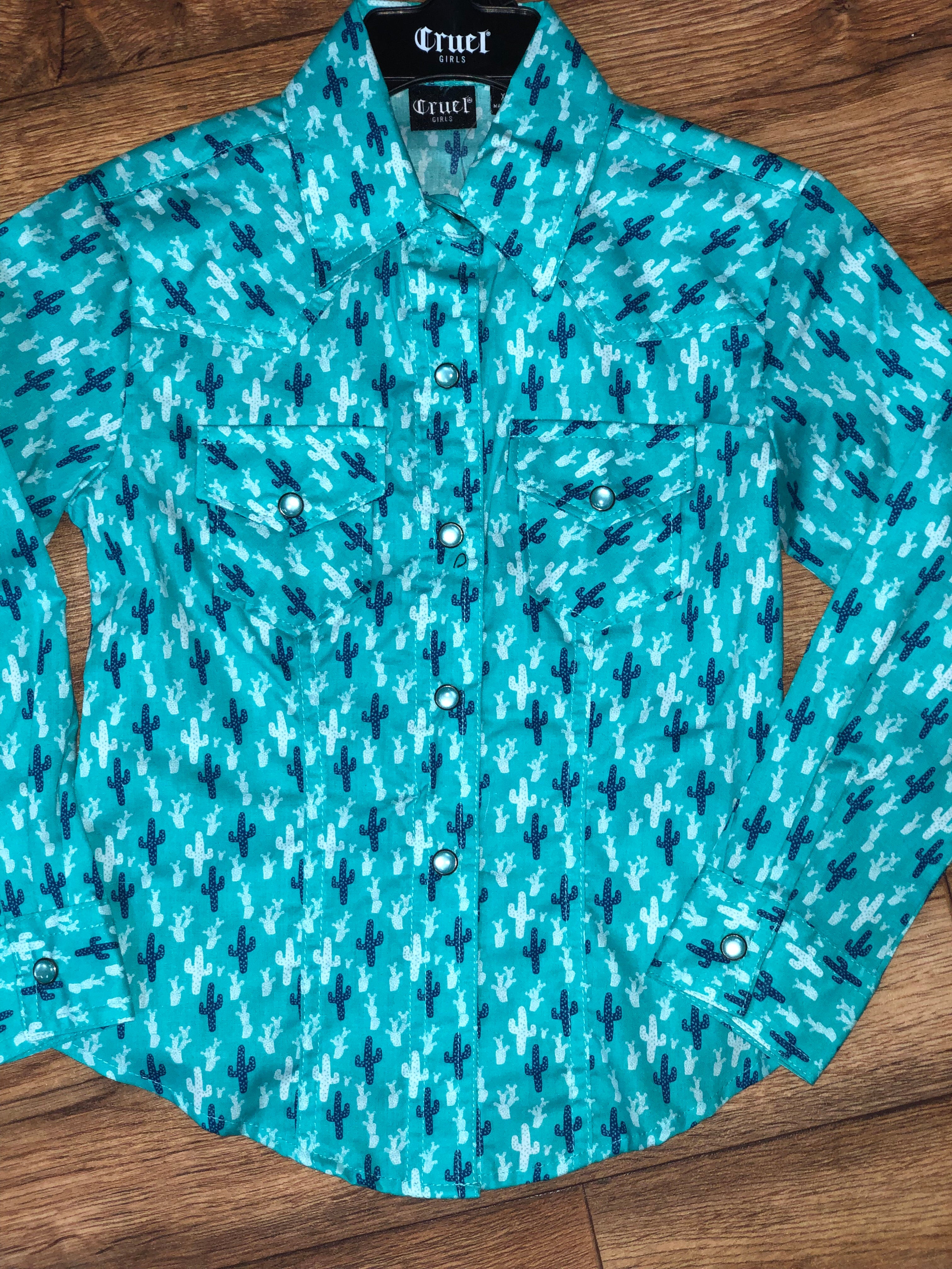 Girls Blue Cactus Pearl Snap Shirt